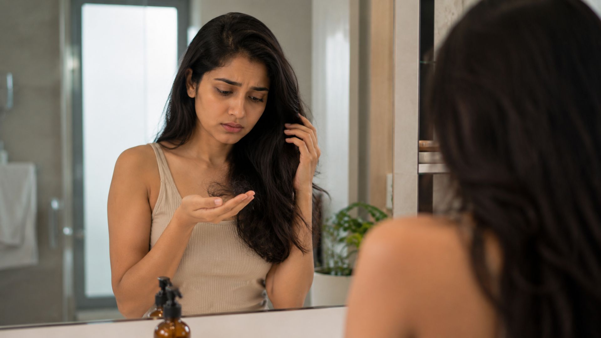 Indian woman checking hair shedding in a mirror