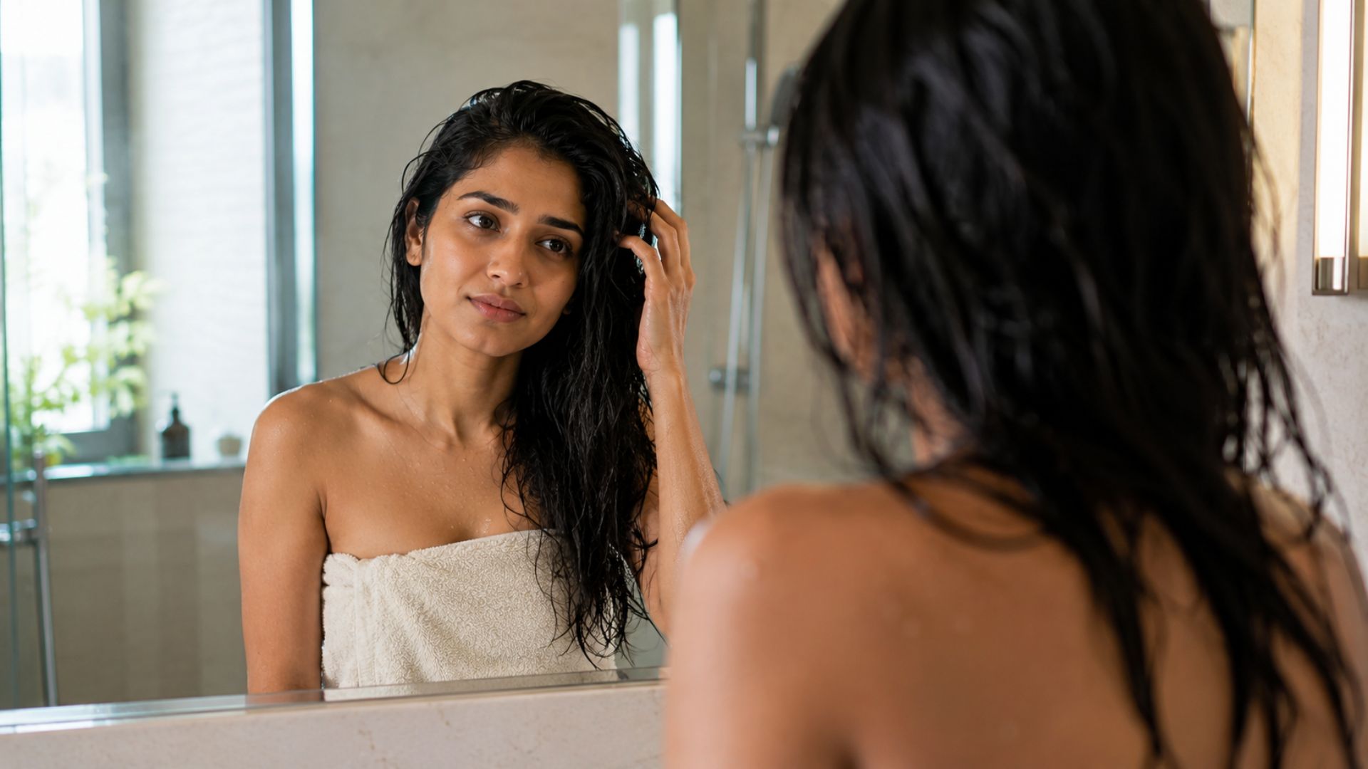 Indian woman washing/checking her hair