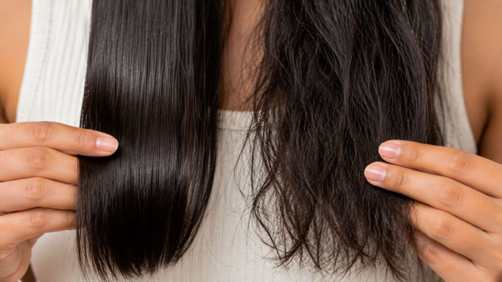 Comparison of smooth healthy-looking hair and dry frizzy hair