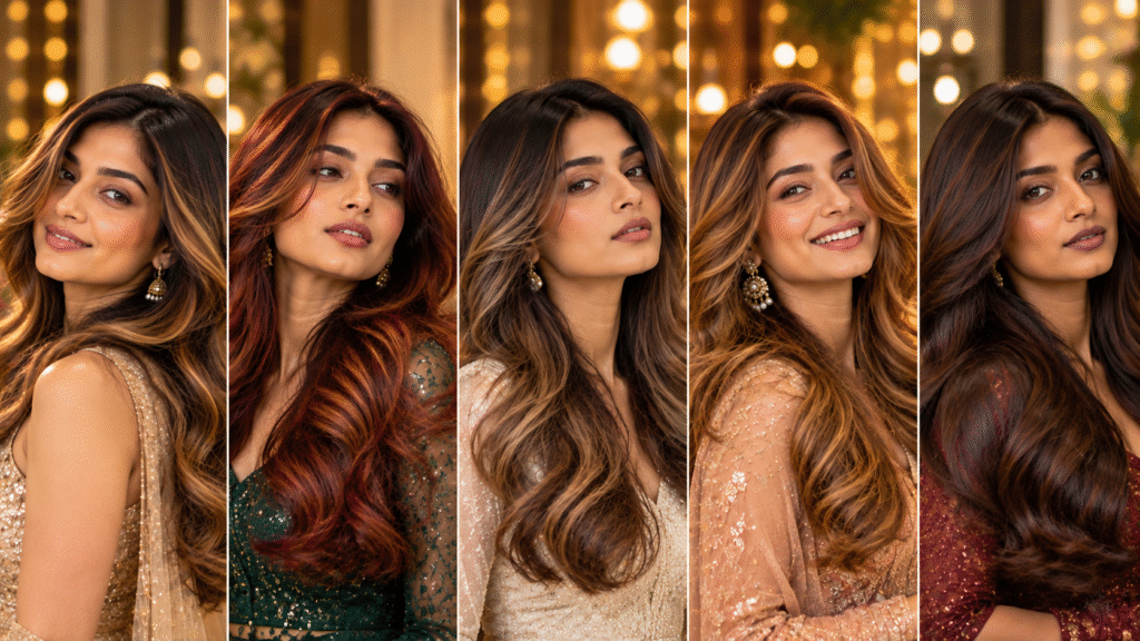 Five Indian women showcasing golden caramel highlights, auburn copper, mocha balayage, honey caramel highlights and glossy chocolate brunette hair colours.